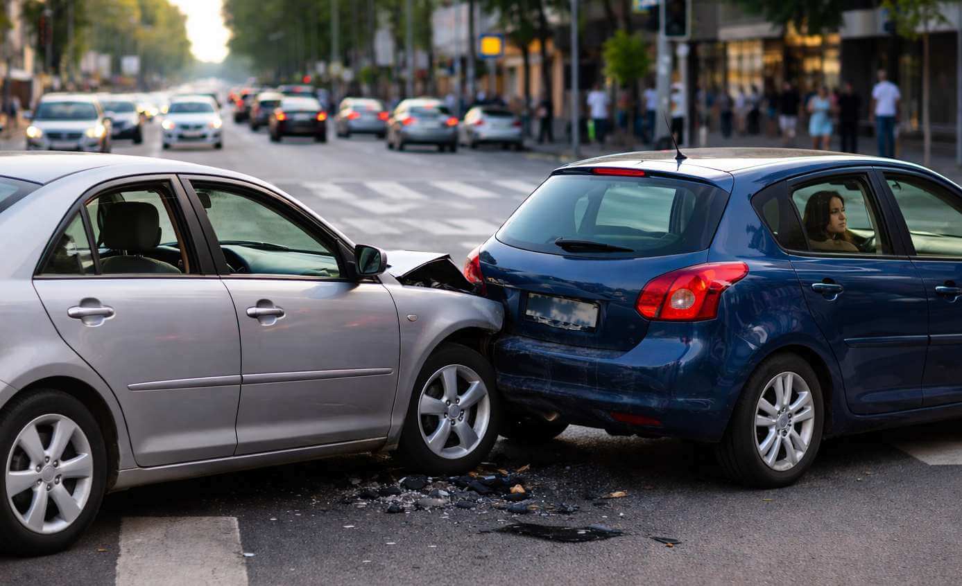 Sudar metalik sivog i plavog automobila uslikan izbliza na raskrsnici