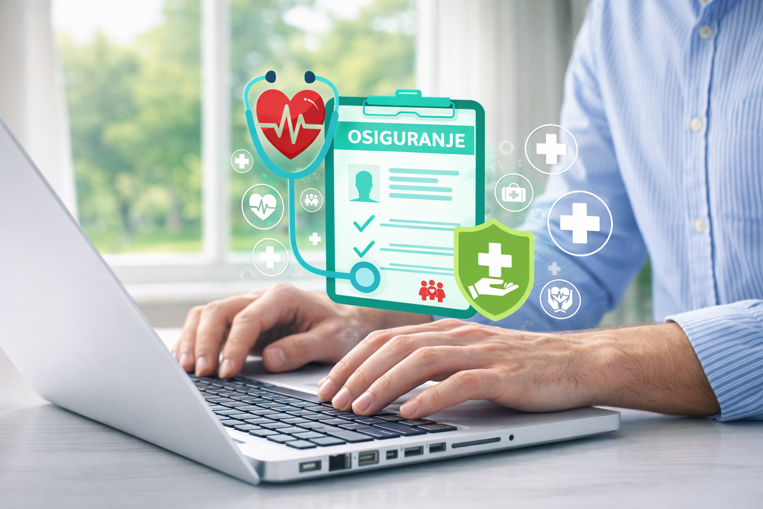 covek za laptopom, slikan izbliza i ilustracija formulara za osiguranje na sredini slike