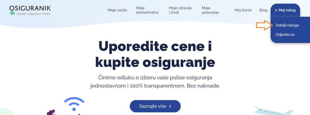 Detalji naloga u meniju na početnoj stranici