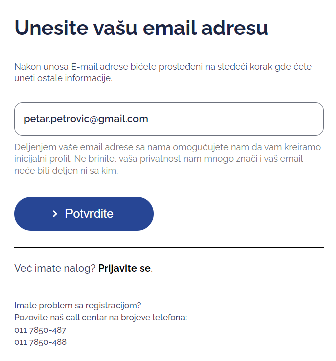 Stranica za unos email adrese