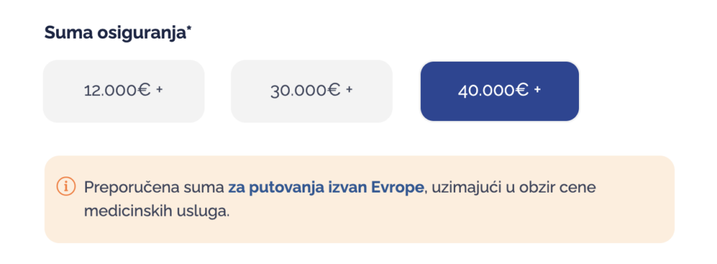 Prikaz suma osiguranja za putno osiguranje na sajtu osiguranik.com