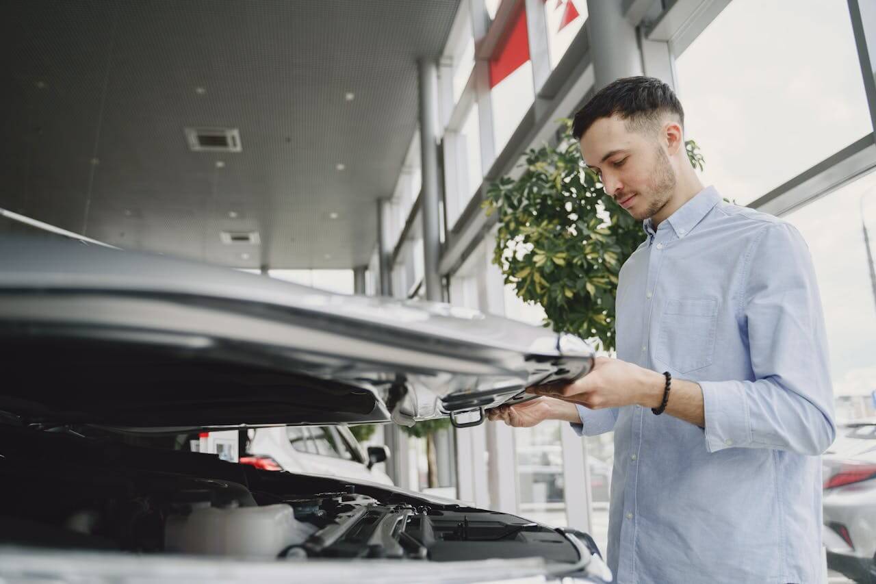 Čovek u košulji, u salonu automobila otvara haubu